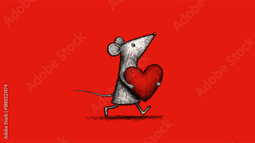 Cartoon gray rat running with a large red heart on a solid red background. Cute gray rat carrying red heart running