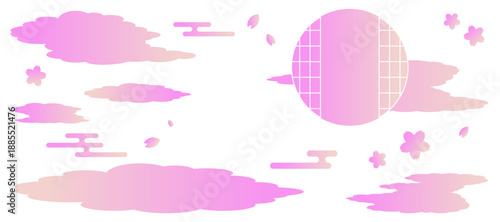 雲取りと桜と円窓の背景イラスト　和風　波紋　吉祥文様