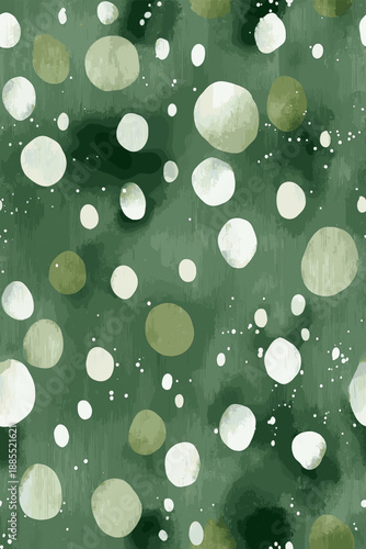 Watercolor green background featuring scattered white and light green polka dots pattern. Watercolor green background with scattered polka dots texture