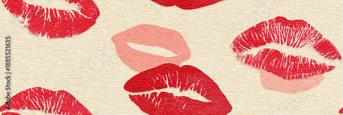 Red lipstick kiss marks covering a cream textured paper surface, creating a playful pattern. Red lipstick kiss marks seamless pattern on textured paper