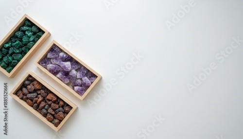 Natural mineral stones in wooden boxes