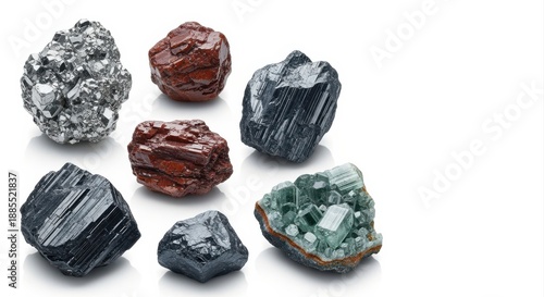 Assorted raw mineral specimens isolated