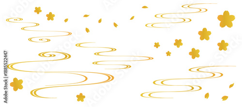 金色の流水紋と桜のフレームイラスト　和風　波紋　吉祥文様