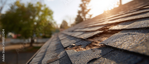 A close-up view of a damaged roof with missing shingles and worn-out roofing material in the sun