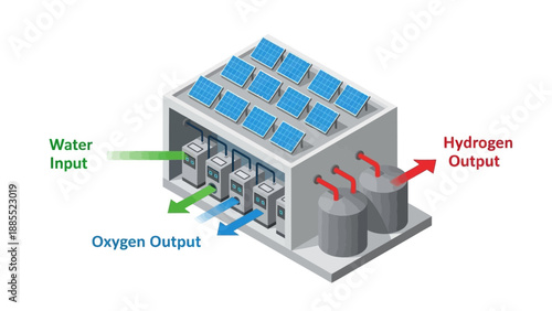 Diagram of a solar-powered hydrogen production system with labeled components