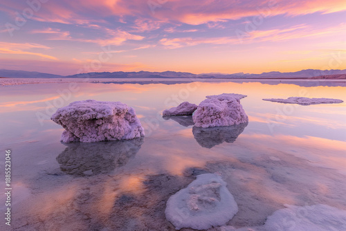 Dreamlike Salt Lake Landscape at Sunset with Pastel Sky and Mirror Reflections