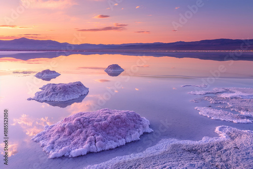 Dreamlike Salt Lake Landscape at Sunset with Pastel Sky and Mirror Reflections