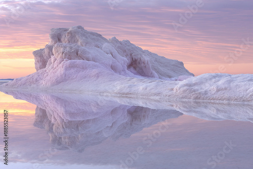 Dreamlike Salt Lake Landscape at Sunset with Pastel Sky and Mirror Reflections