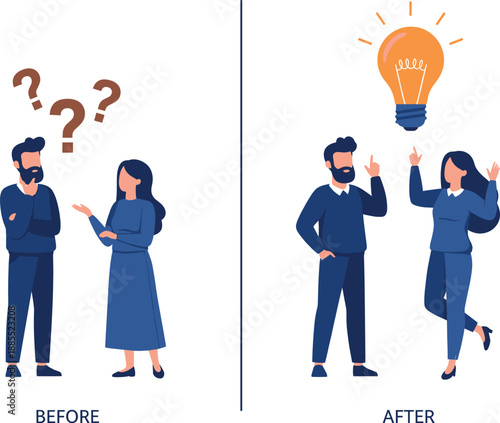 Problem solving concept with man and woman thinking and getting a new idea on white background