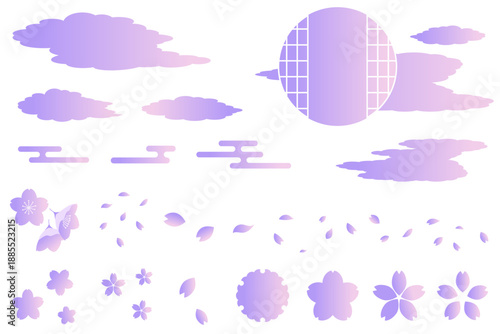 春をイメージした和風の装飾イラストセット　吉祥文様　流水紋　エ霞　桜