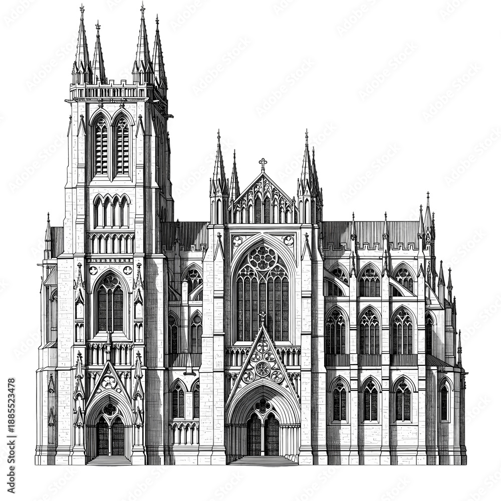 Fototapeta premium Detailed Architectural Sketch of a Gothic Cathedral, Background Removal for Design