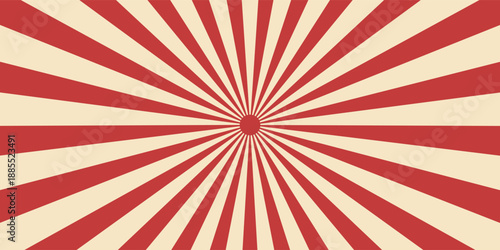 Red sunburst lines on yellow Background. Light sun rays pattern. Vintage stripes halftone radial wallpaper for poster, banner, advertising backdrop, comic or circus scene.