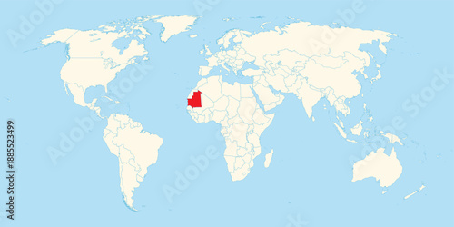 World map illustration with Mauritania territory highlighted in red on cream and blue background isolated