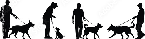 People walking dogs silhouette collection showing owners training pets on leashes isolated on white background for lifestyle, animal care, and outdoor activity concepts