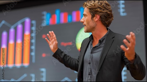 A confident business man in a jacket is gesturing while giving a presentation in an office, explaining the concept of leadership and business analytics.	