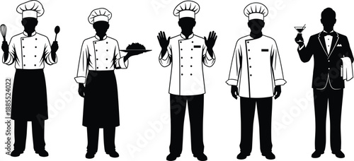Professional chef and restaurant staff silhouettes including cooks waiter and bartender in uniform representing culinary service hospitality industry concepts for food business branding marketing