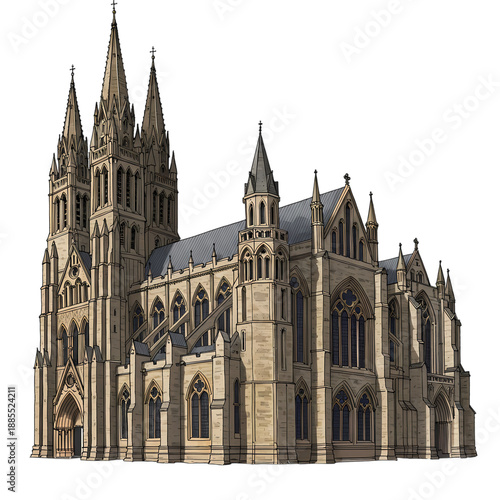Majestic Medieval Cathedral with Tall Spires, Isolated Subject on Alpha Channel