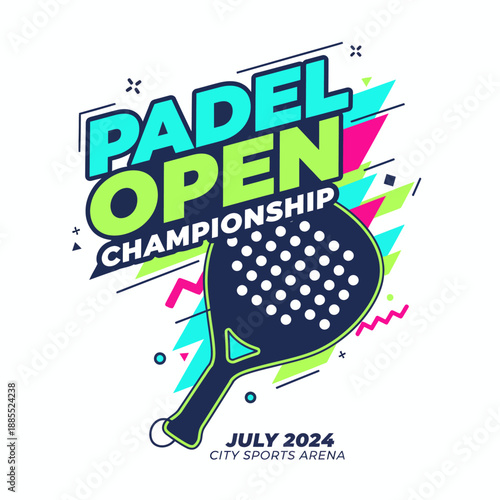 Graphic design for a Padel Open Championship featuring a racket and bright text