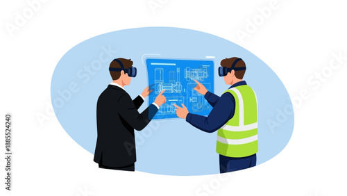 Illustration of two men interacting with a blueprint in a virtual reality environment.