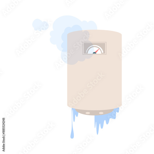 Damaged electronic water heater leaking and steaming with broken gauge on isolated white background vector illustration