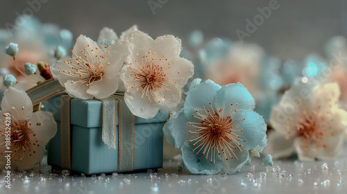 A blue box with white flowers on top of it. The flowers are in different sizes and are scattered around the box. Concept of celebration and joy