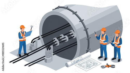 Illustration of three workers in orange hard hats and blue uniforms inspecting a large industrial pipe with tools and blueprints on the ground.