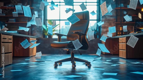 An office chair stands in the middle of an office, with sheets of paper flying around it in a chaotic manner, creating a sense of disorder and stress; the concept of burnout, quitting a job.