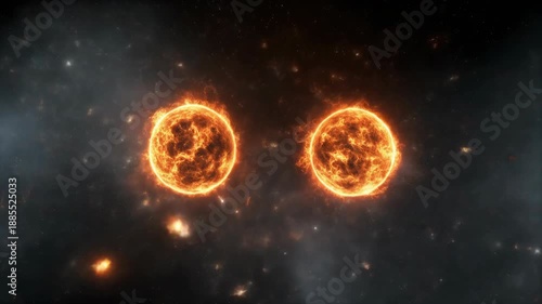 Two burning suns collide in a fiery, nebulous space, with scattered stardust and galaxies adding depth to the cosmic scene