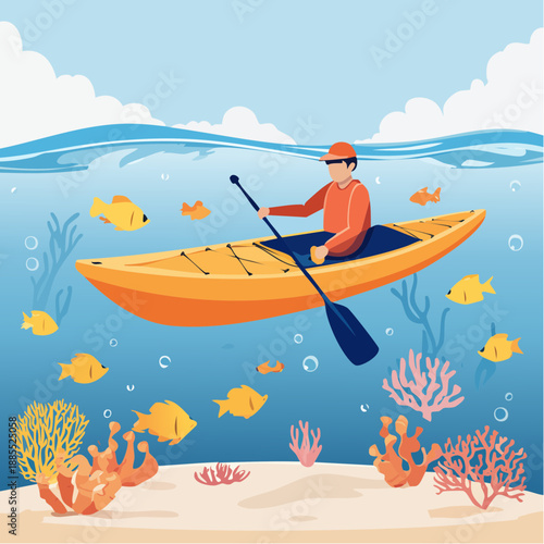 Kayaker paddling over coral reef with fish