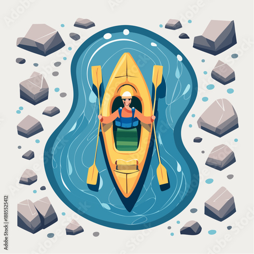 Kayaker paddling on blue water near rocks