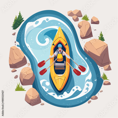 Kayaker paddling on a river surrounded by rocks