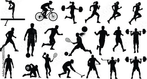 Sports and fitness silhouette collection showing athletes running cycling weightlifting tennis football and training exercises isolated on white background for active lifestyle concepts