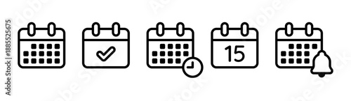 Calendar icon set. Appointment schedule symbol. Reminder, time management, event date icon collection. Meeting Deadline sign. Clock, day, diary icon