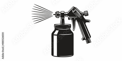 Vintage spray gun with connected paint jar monochrome illustration