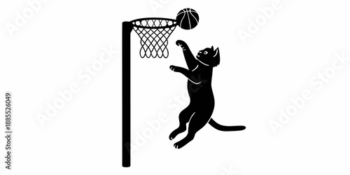 A black cat appears to be dunking a basketball into a hoop