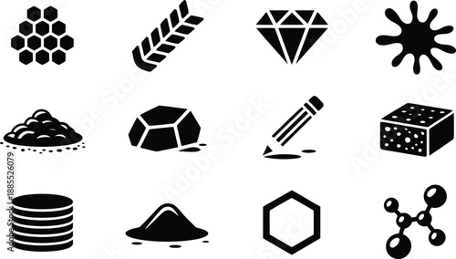 A set of black silhouette icons depicting various materials from natural elements to scientific concepts