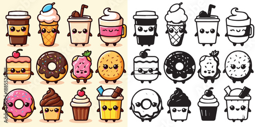 Cute kawaii food characters - vectors and silhouettes of coffee, donuts & snacks