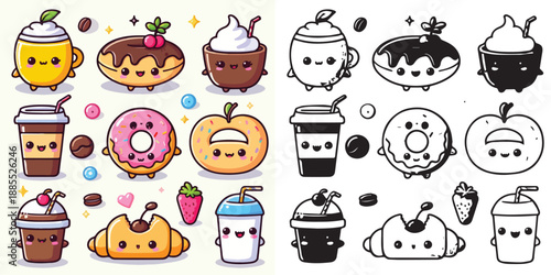Cute kawaii food characters - vectors and silhouettes of coffee, donuts & snacks