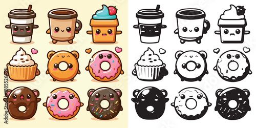 Cute kawaii food characters - vectors and silhouettes of coffee, donuts & snacks