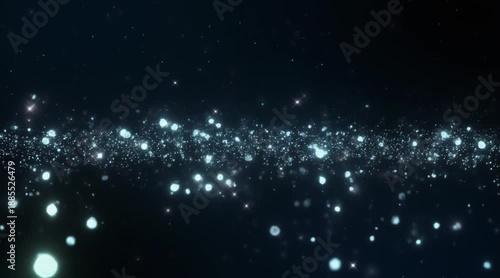 Ethereal glowing particles drift and sparkle in a dark cosmic expanse creating a magical and