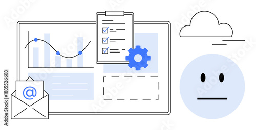 Data analysis, task management, cloud storage, productivity tools, system optimization, communication tools. Features charts, checklist cloud envelope and face icon. Data analysis and task