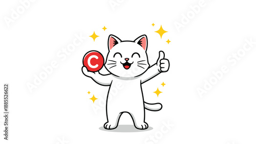Happy white cat character mascot holding a red coin with the letter C and showing a thumbs up sign for success or approval.