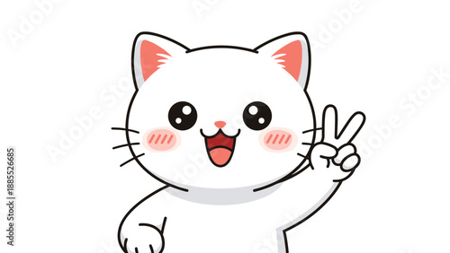 Adorable white cat character with pink cheeks smiling and making a peace sign gesture with its paw for a friendly greeting.