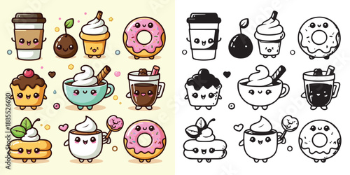 Cute kawaii food characters - vectors and silhouettes of coffee, donuts & snacks