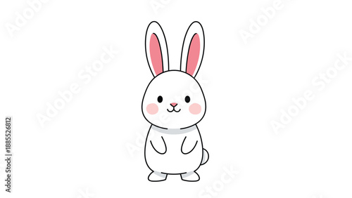 Simple illustration of a cute white rabbit with pink cheeks standing on its hind legs against a plain white background.