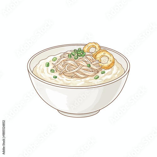 Illustration of a bowl of savory rice porridge topped with shredded chicken scallions and fried dough rings or called 'bubur ayam'