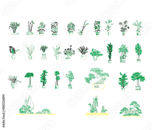 タイトル	
CAD Drawings. Minimal style cad tree line side view, set of graphics trees elements outline symbol for architecture and landscape design drawing. Vector illustration. Front View Trees and Plants