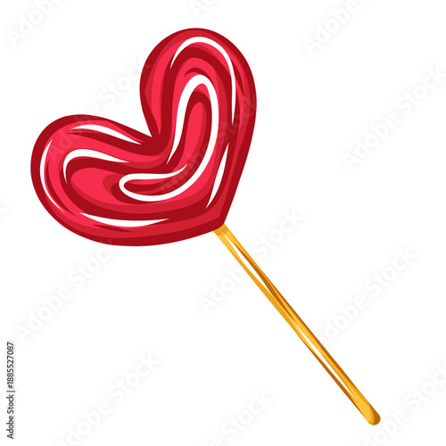 Heart shaped red lollipop candy illustration symbolizing love, sweetness and romance. Cute playful vector design for Valentine's Day gifts, greeting cards, stickers, posters, packaging and branding
