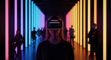 Woman wears VR headset in glowing neon tunnel