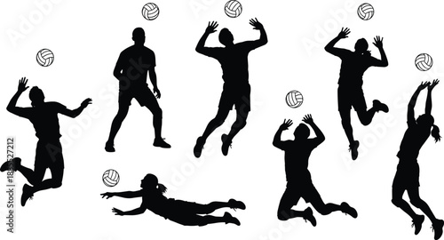 Volleyball player silhouette collection showing dynamic jumping, spiking, blocking, and diving actions isolated on white background for sports training, fitness, and teamwork concepts